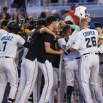 
              Miami Marlins' Nick Fortes celebrates with teammates after hitting a walkoff solo home run during the ninth inning of a baseball game against the New York Mets, Sunday, June 26, 2022, in Miami. (David Santiago/Miami Herald via AP)
            