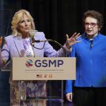 
              First lady Jill Biden speaks alongside tennis great Billie Jean King at an event to celebrate the 10th anniversary of the State Department-espnW Global Sports Mentoring Program and the 50th anniversary of Title IX, Wednesday, June 22, 2022, in Washington. (AP Photo/Patrick Semansky)
            