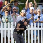 
              Phil Mickelson hits on the 18th hole during the first round of the U.S. Open golf tournament at The Country Club, Thursday, June 16, 2022, in Brookline, Mass. (AP Photo/Robert F. Bukaty)
            