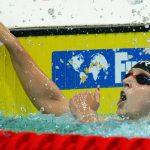 
              Katie Ledecky of the United States celebrates after winning the Women 1500m Freestyle final at the 19th FINA World Championships in Budapest, Hungary, Monday, June 20, 2022. (AP Photo/Petr David Josek)
            