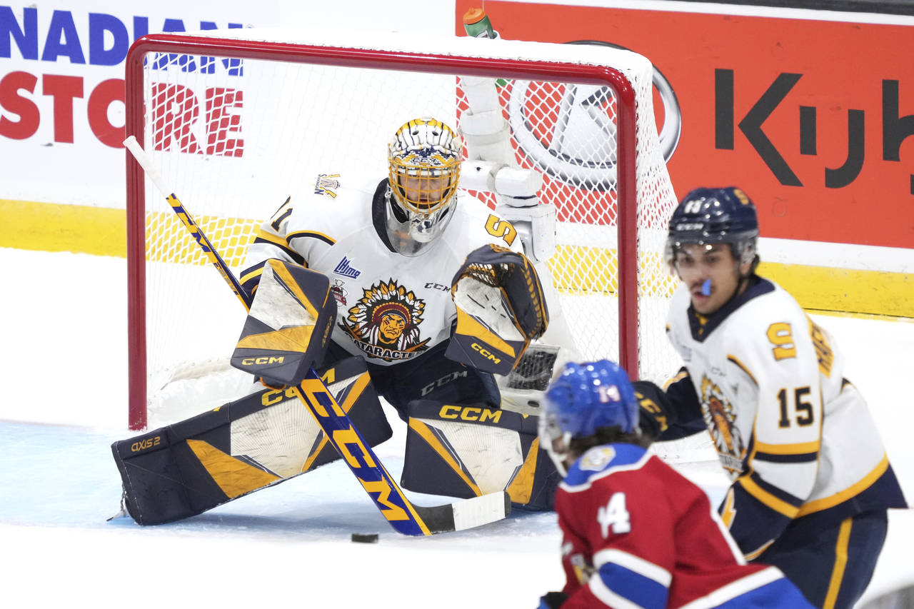 Shawinigan Cataractes goaltender Charles-Antoine Lavallee makes a save during the first period of t...