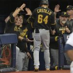 
              Pittsburgh Pirates teammates congratulate Diego Castillo (64) after his solo home run off Tampa Bay Rays starter Corey Kluber during the third inning of a baseball game Saturday, June 25, 2022, in St. Petersburg, Fla. (AP Photo/Steve Nesius)
            