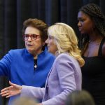 
              Tennis great Billie Jean King, from left, first lady Jill Biden and student-athlete Maya Mosley greet attendees after speaking at an event to celebrate the 10th anniversary of the State Department-espnW Global Sports Mentoring Program and the 50th anniversary of Title IX, Wednesday, June 22, 2022, in Washington. (AP Photo/Patrick Semansky)
            