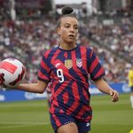 
              U.S. forward Mallory Pugh looks to put the ball back into play during the first half of the team's international friendly soccer match against Colombia on Saturday, June 25, 2022, in Commerce City, Colo. (AP Photo/David Zalubowski)
            