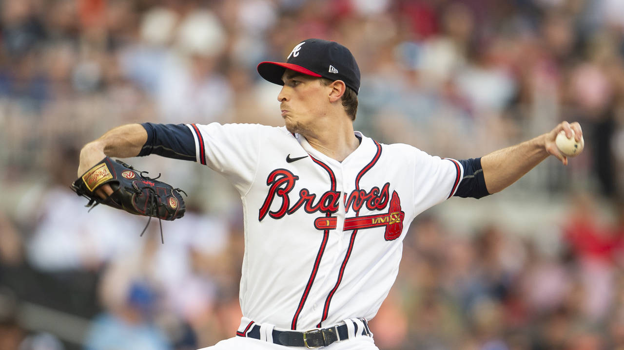Atlanta Braves starting pitcher Max Fried throws in the first inning of a baseball game against the...