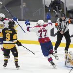 
              Edmonton Oil Kings' Jakub Demek (77) and Jake Neighbours (21) react to a goal on Hamilton Bulldogs goaltender Marco Costantini, right, during the third period of a Memorial Cup hockey game in Saint John, New Brunswick, Friday, June 24, 2022. (Darren Calabrese/The Canadian Press via AP)
            