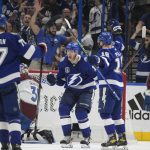 
              Tampa Bay Lightning right wing Corey Perry (10) celebrates a goal during the second period of Game 3 of the NHL hockey Stanley Cup Final against the Colorado Avalanche on Monday, June 20, 2022, in Tampa, Fla. (AP Photo/Phelan M. Ebenhack)
            