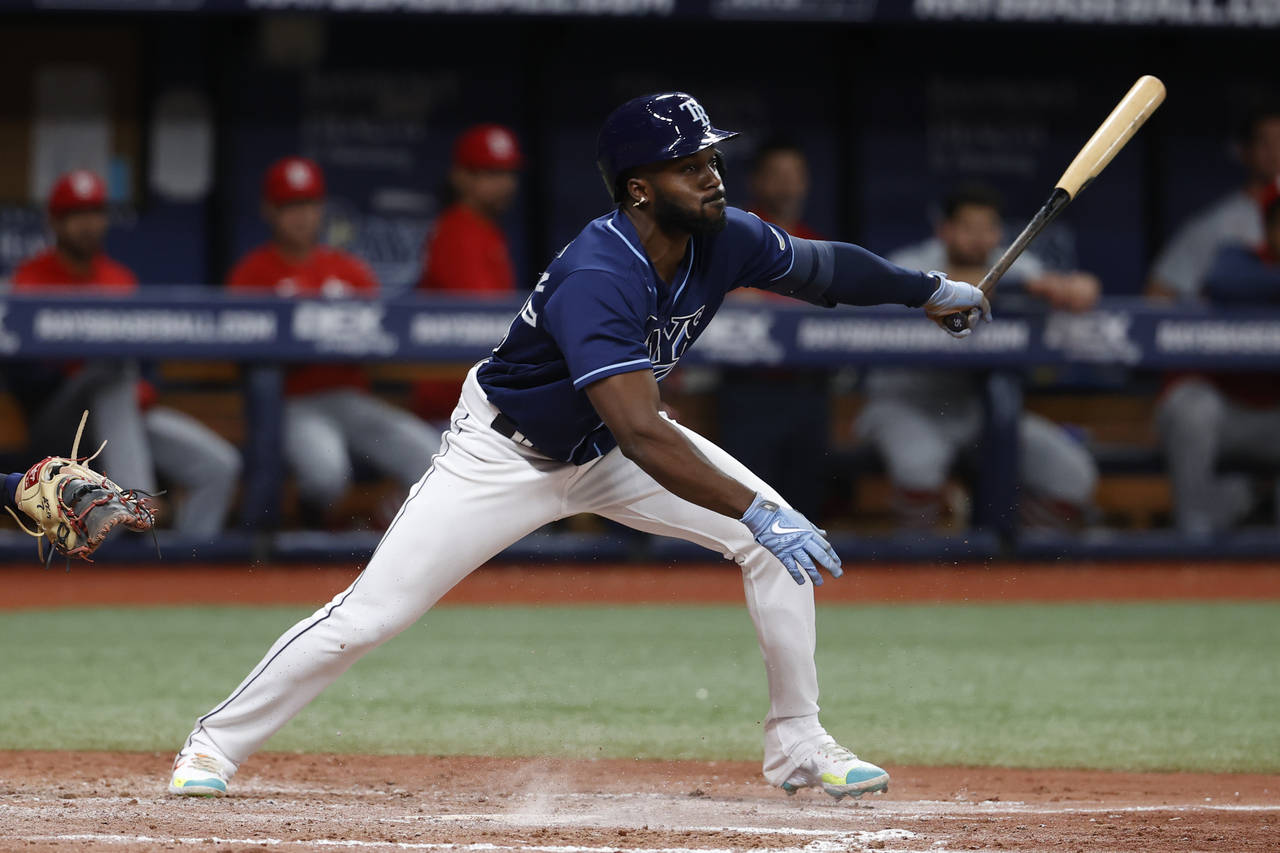 Tampa Bay Rays' Randy Arozarena drives in a run against the St. Louis Cardinals with a groundout du...