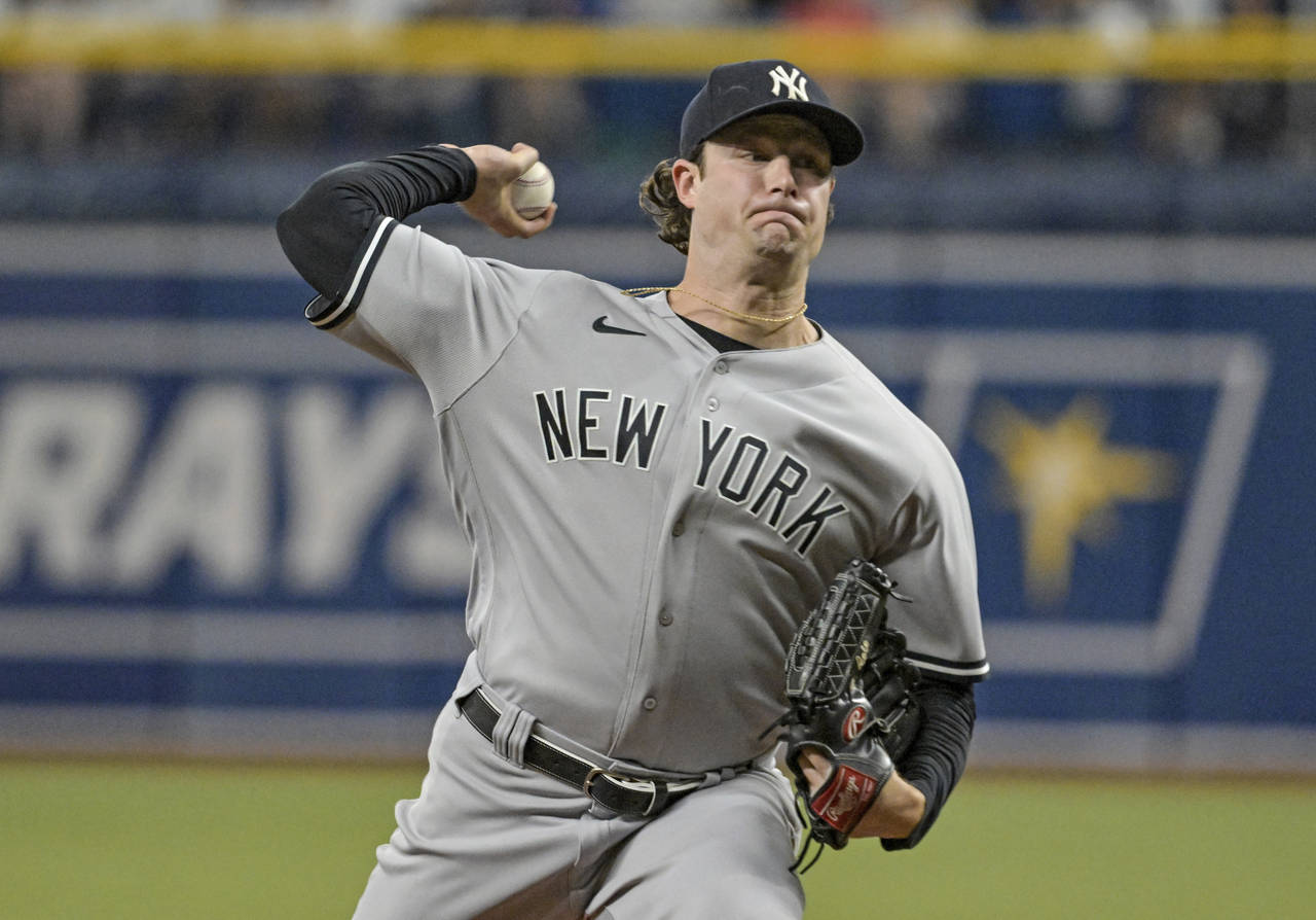 New York Yankees starter Gerrit Cole pitches against the Tampa Bay Rays during the first inning of ...