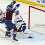 
              Colorado Avalanche right wing Valeri Nichushkin (13) celebrates after scoring on Tampa Bay Lightning goaltender Andrei Vasilevskiy (88) during the first period in Game 2 of the NHL hockey Stanley Cup Final, Saturday, June 18, 2022, in Denver. (AP Photo/John Locher)
            