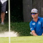 
              Zach Johnson shoots out of the bunker on the 10th hole during the first round of the Travelers Championship golf tournament at TPC River Highlands, Thursday, June 23, 2022, in Cromwell, Conn. (AP Photo/Seth Wenig)
            
