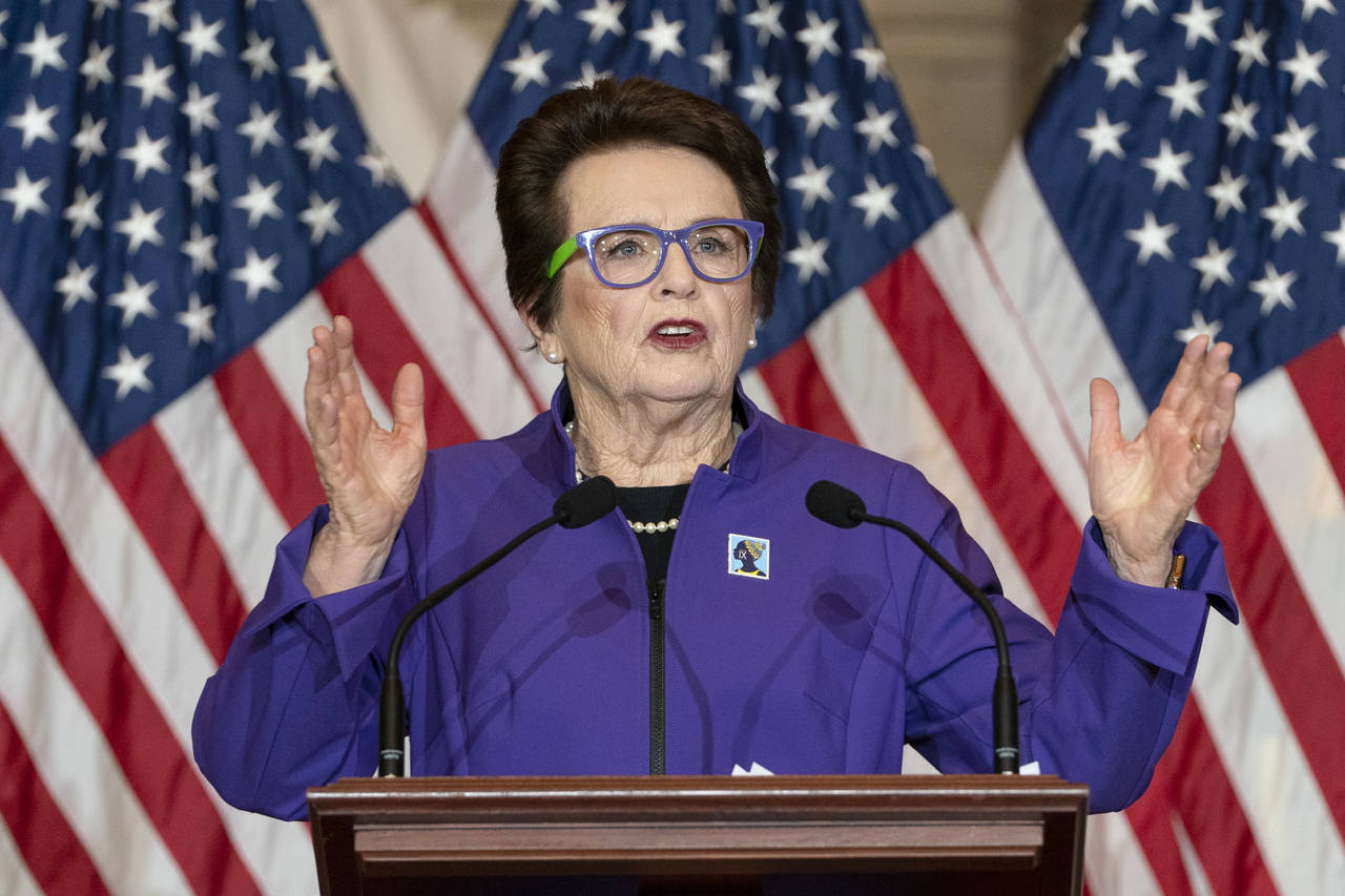 FILE - Tennis legend and equality rights advocate Billie Jean King, speaks at a Women's History Mon...