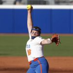 
              Florida's Lexie Delbrey pitches during the first inning of the team's NCAA softball Women's College World Series game against Oregon on Thursday, June 2, 2022, in Oklahoma City. (AP Photo/Alonzo Adams)
            