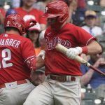 
              Philadelphia Phillies' Kyle Schwarber is congratulated bt Rhys Hoskins after hitting a two-run home run during the eighth inning of a baseball game against the Milwaukee Brewers Thursday, June 9, 2022, in Milwaukee. (AP Photo/Morry Gash)
            