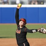 
              Oregon State's Sarah Haendiges pitches in the first inning of the team's NCAA softball Women's College World Series game against Florida on Thursday, June 2, 2022, in Oklahoma City. (AP Photo/Alonzo Adams)
            