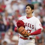
              Los Angeles Angels starting pitcher Shohei Ohtani (17) stands on the mound during the first inning of a baseball game against the Kansas City Royals in Anaheim, Calif., Wednesday, June 22, 2022. (AP Photo/Ashley Landis)
            