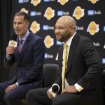 
              New Los Angeles Lakers head coach Darvin Ham, right, is introduced to the media by Lakers general manager Rob Pelinka, left, at a news conference Monday, June 6, 2022, in El Segundo, Calif. (David Crane/The Orange County Register via AP)
            