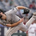 
              Chicago White Sox starting pitcher Lucas Giolito throws against the Los Angeles Angels during the second inning of a baseball game Monday, June 27, 2022, in Anaheim, Calif. (AP Photo/Jae C. Hong)
            