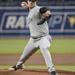 
              New York Yankees starter Gerrit Cole pitches against the Tampa Bay Rays during the first inning of a baseball game Monday, June 20, 2022, in St. Petersburg, Fla. (AP Photo/Steve Nesius)
            
