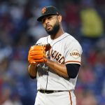 
              San Francisco Giants pitcher Jarlin Garcia reacts after giving up a two-run home run to Philadelphia Phillies' Kyle Schwarber during the sixth inning of a baseball game, Wednesday, June 1, 2022, in Philadelphia. (AP Photo/Matt Slocum)
            