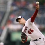 
              Washington Nationals starting pitcher Patrick Corbin throws during the first inning of the team's baseball game against the Philadelphia Phillies, Thursday, June 16, 2022, in Washington. (AP Photo/Nick Wass)
            