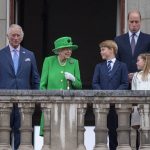 
              From left, Camilla,  Duchess of Cornwall, Prince Charles, Queen Elizabeth II, Prince George, Prince William, Princess Charlotte, Prince Louis and Kate, Duchess of Cambridge, stand on the balcony, at the end of the Platinum Jubilee Pageant held outside Buckingham Palace, in London, Sunday June 5, 2022, on the last of four days of celebrations to mark the Platinum Jubilee. The pageant will be a carnival procession up The Mall featuring giant puppets and celebrities that will depict key moments from Queen Elizabeth II's seven decades on the throne. (Roland Hoskins/Pool Photo via AP)
            