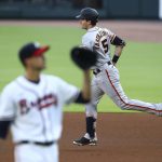 
              Atlanta Braves starting pitcher Charlie Morton gives up a solo homer to San Francisco Giants Mike Yastrzemski who rounds the bases during the first inning of a baseball game on Wednesday, June 22, 2022, in Atlanta. (Curtis Compton/Atlanta Journal-Constitution via AP)
            
