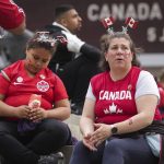 
              Fans sit outside B.C. Place stadium after the Canadian national men's soccer team's friendly match against Panama was canceled due to a labor dispute, in Vancouver, British Columbia, Sunday, June 5, 2022. (Darryl Dyck/The Canadian Press via AP)
            