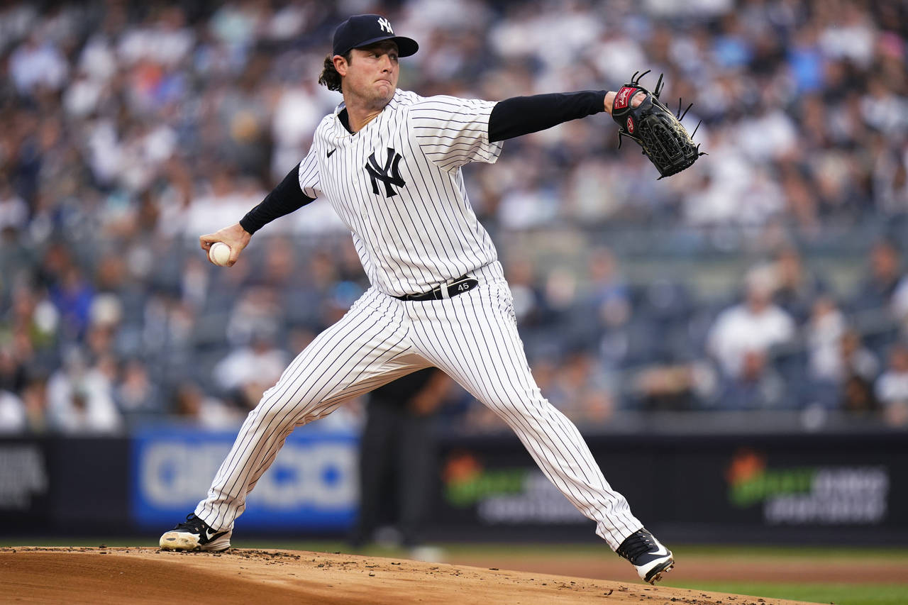 New York Yankees' Gerrit Cole pitches during the first inning of the team's baseball game against t...
