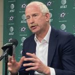 
              Dallas Stars NHL hockey team general manager Jim Nill speaks during a news conference to introduce new coach Pete DeBoer in Dallas, Wednesday, June 22, 2022.. (AP Photo/Schuyler Dixon)
            