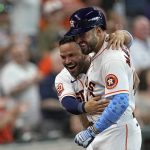 
              Houston Astros' J.J. Matijevic, right, celebrates with Jose Altuve after hitting a home run against the Chicago White Sox during the fourth inning of a baseball game Sunday, June 19, 2022, in Houston. Matijevic's home run was his first Major League hit. (AP Photo/David J. Phillip)
            
