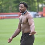 
              Cleveland Browns defensive end Myles Garrett walks on the field after an NFL football practice at the team's training facility, Wednesday, June 1, 2022, in Berea, Ohio. (AP Photo/David Richard)
            
