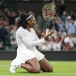 
              Serena Williams of the US celebrates after winning a point against France's Harmony Tan in a first round women's singles match on day two of the Wimbledon tennis championships in London, Tuesday, June 28, 2022. (AP Photo/Alberto Pezzali)
            