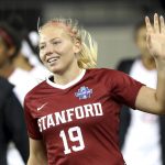 
              FILE - Stanford goalkeeper Katie Meyer (19) acknowledges the crowd after the team's 4-1 win over UCLA in a semifinal of the NCAA Division I women's soccer tournament in San Jose, Calif., on Dec. 6, 2019. Five college athletes, including Meyer, took their own lives in the spring, sparking concerns that schools were not doing enough for some of their higher-profile students. (Ray Chavez/Bay Area News Group via AP, File)
            