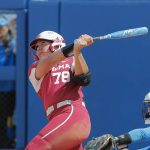 
              Oklahoma's Jocelyn Alo (78) hits a grand slam during fifth inning of an NCAA softball Women's College World Series elimination game against UCLA on Monday, June 6, 2022, in Oklahoma City. (AP Photo/Alonzo Adams)
            