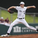 
              Louisville pitcher Riley Phillips (41) throws to home for a strike against Texas A&M during an NCAA college baseball super regional tournament game Saturday, June 11, 2022, in College Station, Texas. (AP Photo/Sam Craft)
            