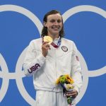 
              FILE - Kathleen Ledecky, of United States, poses after winning the gold medal in the women's 800-meter freestyle final at the 2020 Summer Olympics, July 31, 2021, in Tokyo, Japan. The world swimming championships start in Budapest on Saturday June 18, 2022, where Katie Ledecky will hope to reclaim her world record in the 400 freestyle. (AP Photo/Gregory Bull, File)
            