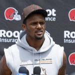 
              Cleveland Browns quarterback Deshaun Watson answers a question at the NFL football team's practice facility Tuesday, June 14, 2022, in Berea, Ohio. (AP Photo/Ron Schwane)
            