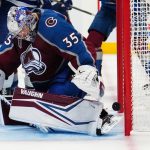 
              Colorado Avalanche goaltender Darcy Kuemper (35) let's the puck slip past for a goal by Tampa Bay Lightning left wing Ondrej Palat during the third period in Game 5 of the NHL hockey Stanley Cup Final, Friday, June 24, 2022, in Denver. (AP Photo/Jack Dempsey)
            