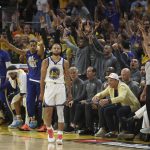 
              CORRECTS TO GAME 2 INSTEAD OF GAME 1 -Golden State Warriors guard Stephen Curry (30) reacts after scoring against the Boston Celtics during the second half of Game 2 of basketball's NBA Finals in San Francisco, Sunday, June 5, 2022. (AP Photo/Jed Jacobsohn)
            