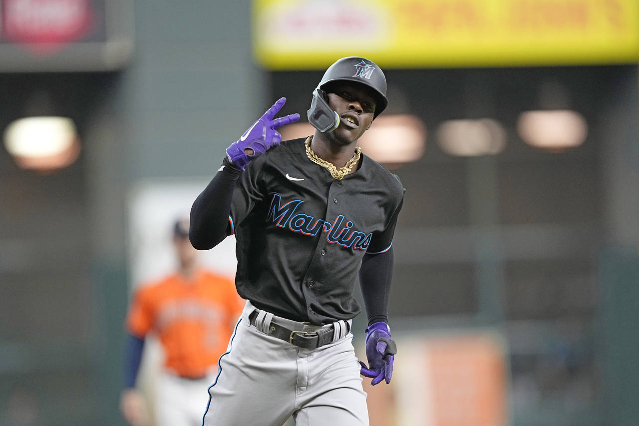 Miami Marlins' Jazz Chisholm Jr. celebrates after hitting a home run against the Houston Astros dur...