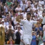 
              FILE - Serbia's Novak Djokovic celebrates defeating Australia's Thanasi Kokkinakis in a singles tennis match on day three of the Wimbledon tennis championships in London, Wednesday, June 29, 2022. Reigning Wimbledon champion Novak Djokovic famously decided not to get vaccinated against COVID-19 — which prevented him from playing at the Australian Open in January following a legal saga that ended with his deportation from that country, and, as things currently stand, will prevent him from entering the United States to compete at the U.S. Open in August. (AP Photo/Alastair Grant, File)
            