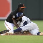
              Tampa Bay Rays' Vidal Brujan, right, is tagged out by Baltimore Orioles shortstop Jorge Mateo while attempting to steal during the sixth inning of a baseball game Friday, June 17, 2022, in Baltimore. (AP Photo/Nick Wass)
            