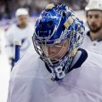 
              Tampa Bay Lightning goaltender Andrei Vasilevskiy (88) skates back to the locker rooms after Game 2 of the NHL hockey Stanley Cup playoffs Eastern Conference finals against the New York Rangers, Friday, June 3, 2022, in New York. (AP Photo/John Minchillo)
            