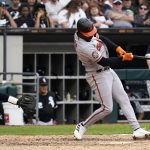 
              Baltimore Orioles' Jorge Mateo hits a double during the fifth inning of a baseball game against the Chicago White Sox in Chicago, Saturday, June 25, 2022. (AP Photo/Nam Y. Huh)
            