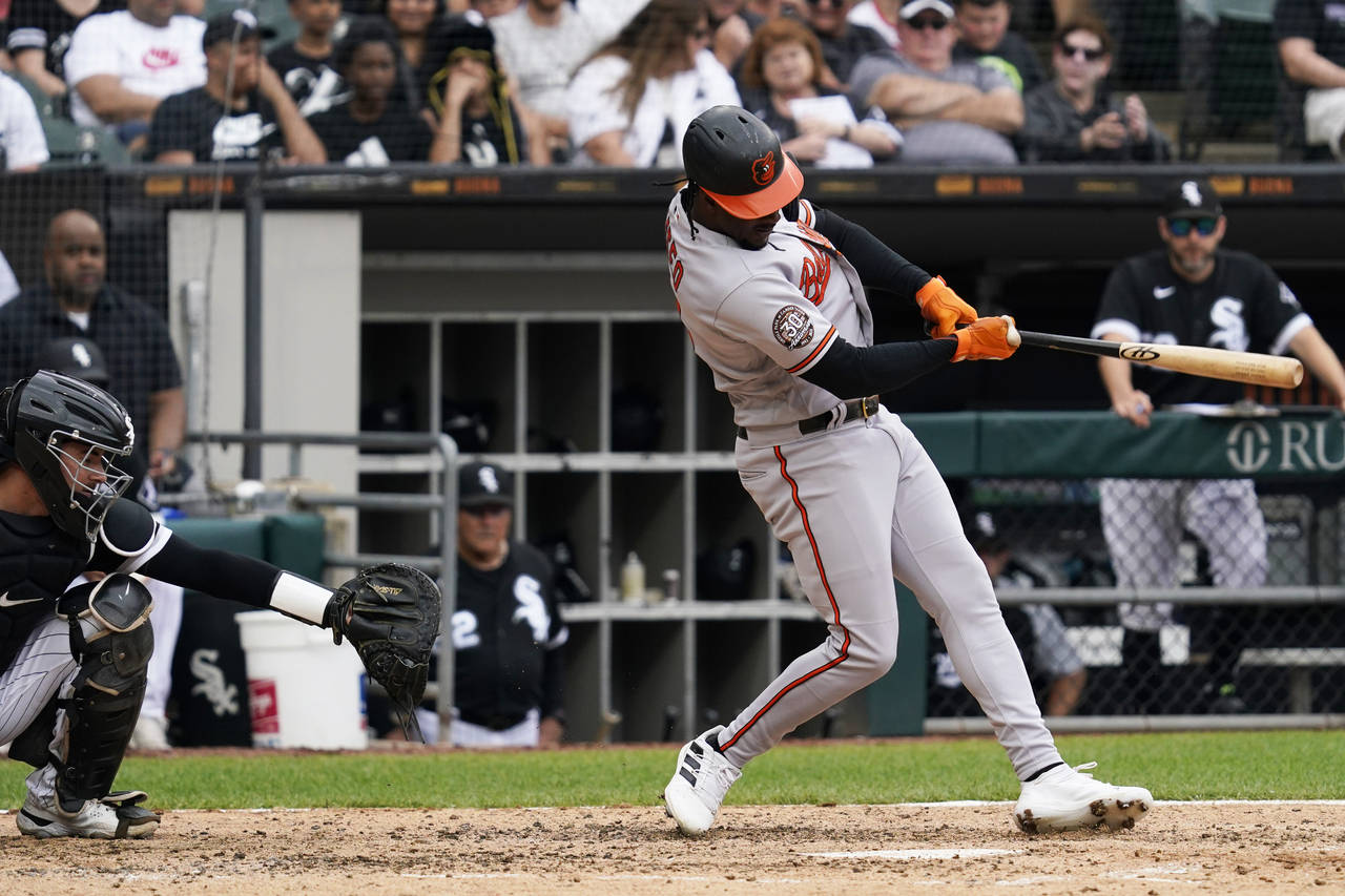 Baltimore Orioles' Jorge Mateo hits a double during the fifth inning of a baseball game against the...