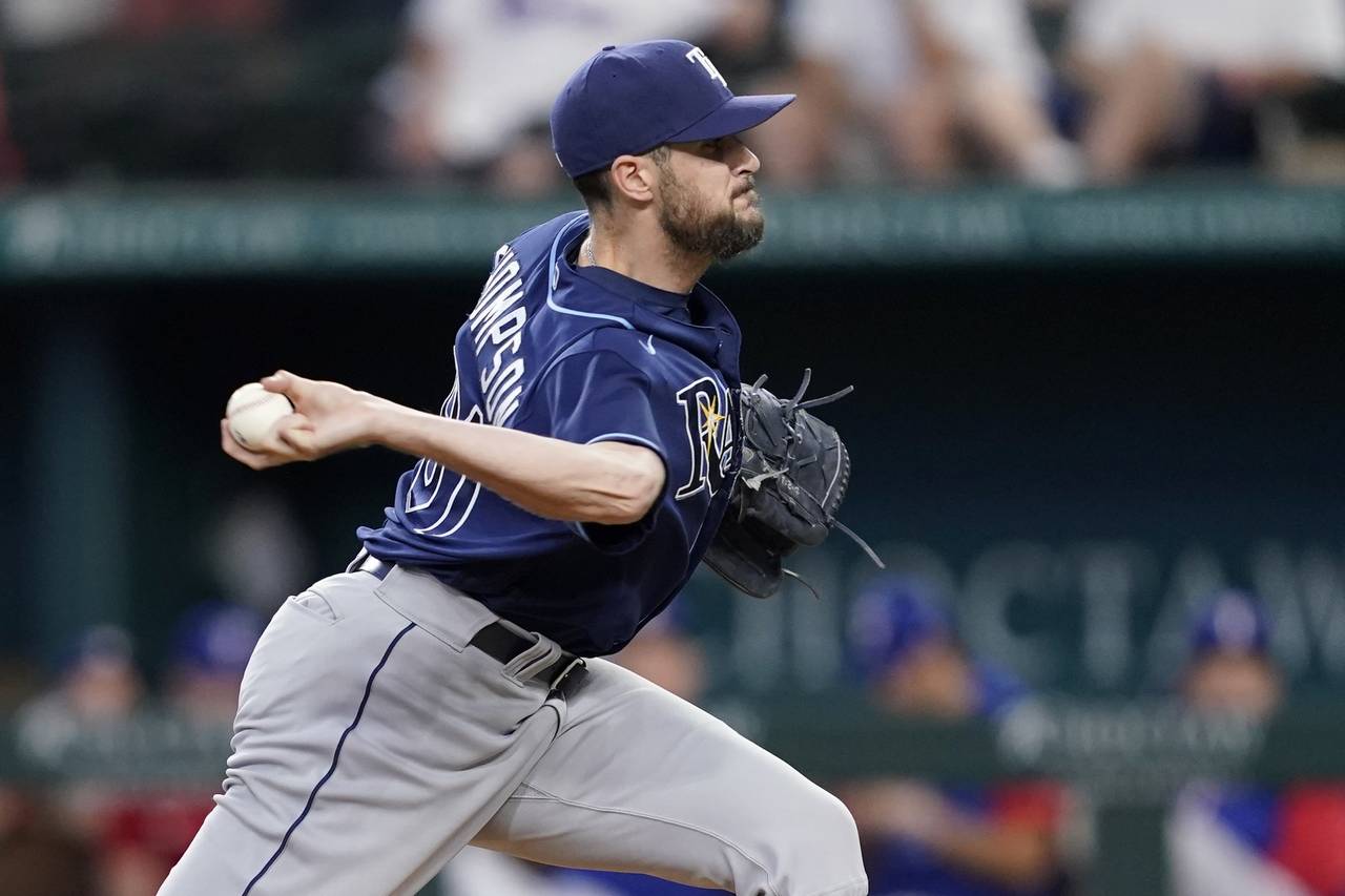 Tampa Bay Rays relief pitcher Ryan Thompson throws to the Tampa Bay Rays in the ninth inning of a b...
