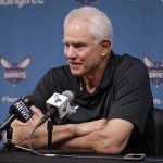 
              FILE - Charlotte Hornets general manager Mitch Kupchak speaks to the media during a news conference for the NBA basketball team in Charlotte, N.C., April 12, 2019. The Charlotte Hornets have two picks in the first round of the NBA draft on Thursday June 23, 2022 — and no head coach in place to help facilitate those decisions. (AP Photo/Chuck Burton, File)
            