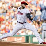 
              Philadelphia Phillies starting pitcher Aaron Nola throws during the first inning of a baseball game against the Miami Marlins, Monday, June 13, 2022, in Philadelphia. (AP Photo/Laurence Kesterson)
            