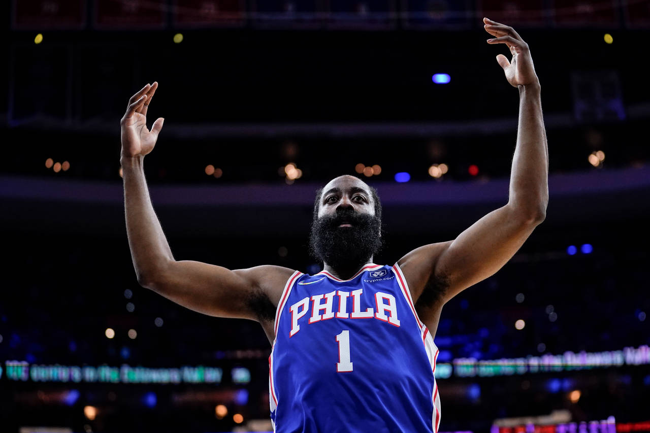 FILE - Philadelphia 76ers' James Harden gestures during the first half of Game 3 of the team's NBA ...
